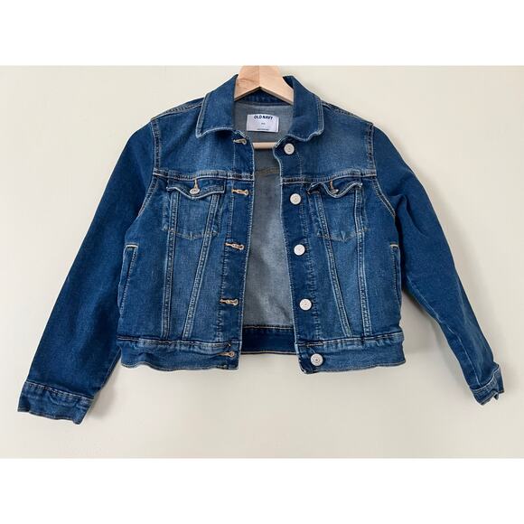 Old Navy Girls Denim Jacket Medium 8 Dark Blue Cropped Long Sleeve Button - Picture 1 of 3